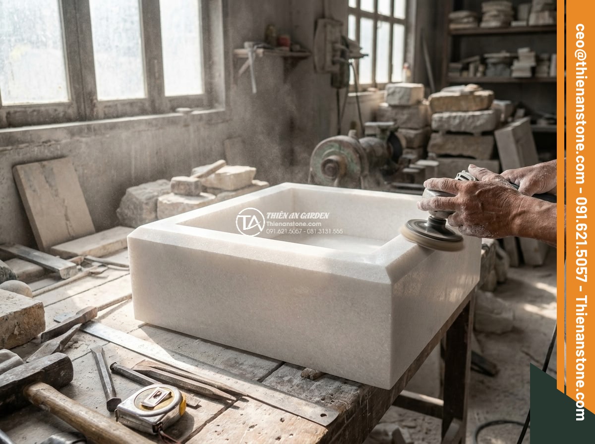 Lavabo đá trắng cẩm thạch hình vuông vát cạnh (400x400x150mm)