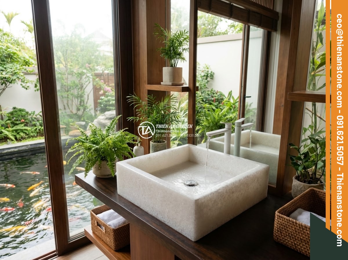 Lavabo đá trắng cẩm thạch hình vuông vát cạnh (400x400x150mm)