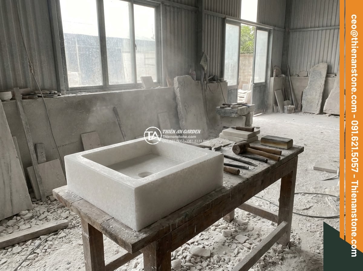 Lavabo đá trắng cẩm thạch hình vuông vát cạnh (400x400x150mm)