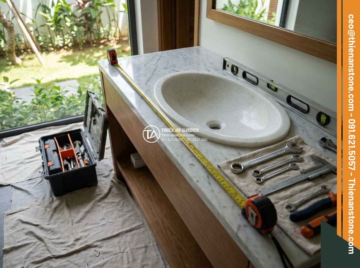 Lavabo đá trắng cẩm thạch Oval dài 48cm (480x380x150mm)