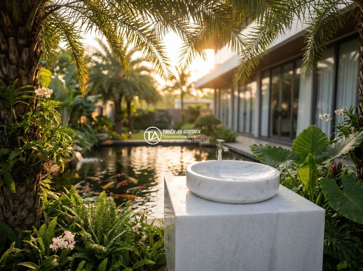 Lavabo đá trắng cẩm thạch tròn 42cm (420x420x150mm) - Wide cinematic establishing shot of a luxurious modern villa garden at golden ho