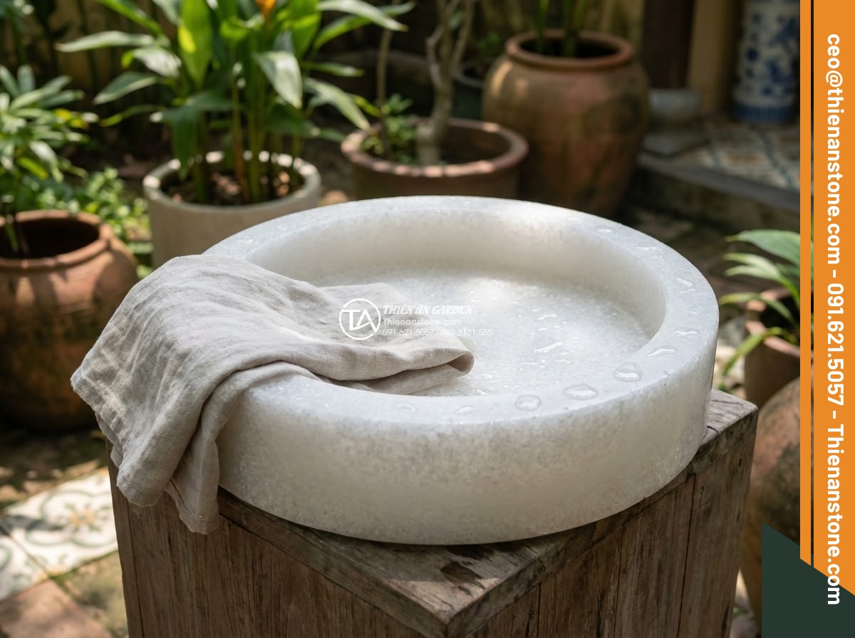 Lavabo đá trắng cẩm thạch tròn 42cm (420x420x150mm)