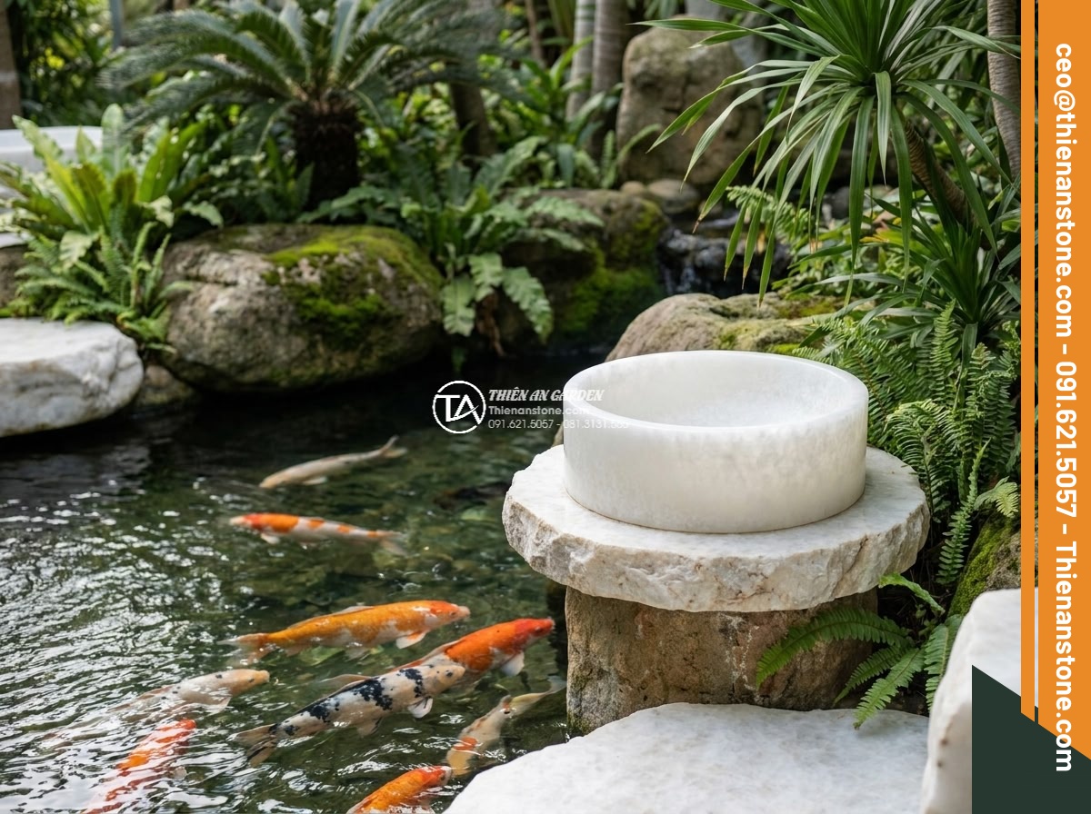 Lavabo đá trắng cẩm thạch tròn 42cm (420x420x150mm)
