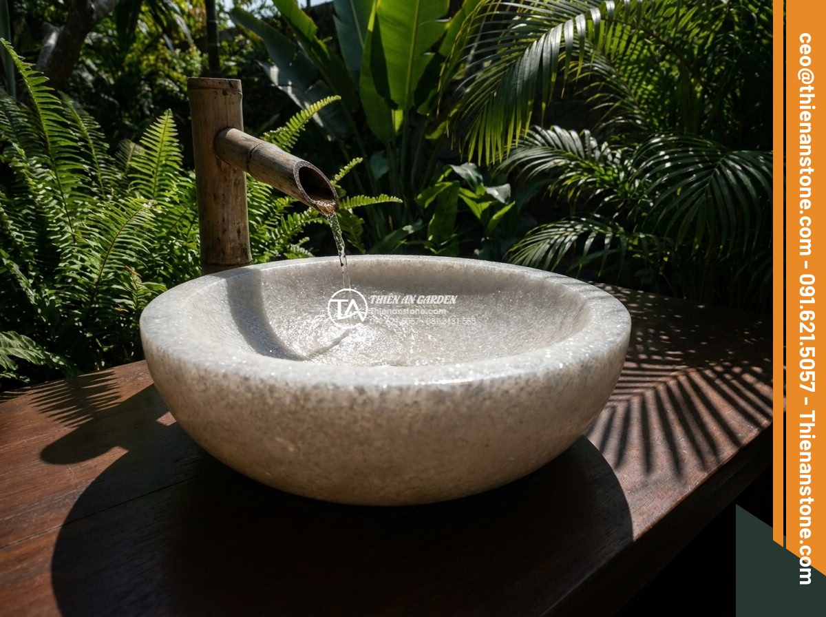 Lavabo đá trắng cẩm thạch tròn phình 42cm (420x420x150mm)