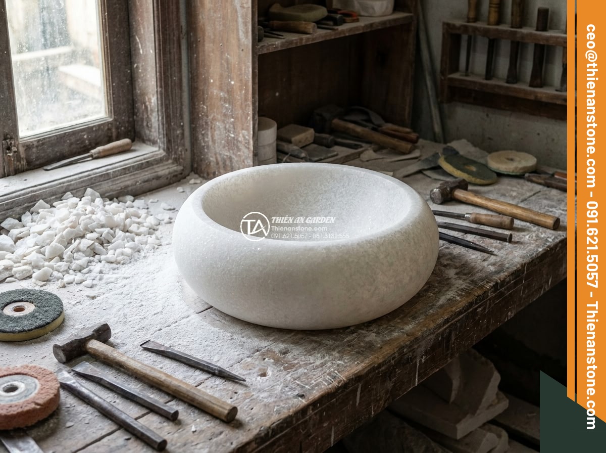 Lavabo đá trắng cẩm thạch tròn phình 42cm (420x420x150mm)