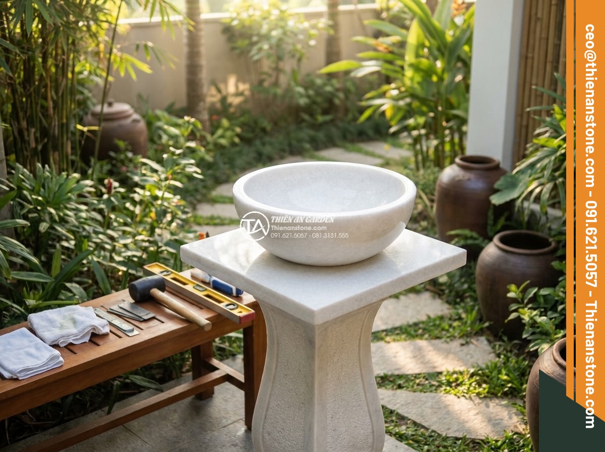 Lavabo đá trắng cẩm thạch tròn phình 42cm (420x420x150mm)