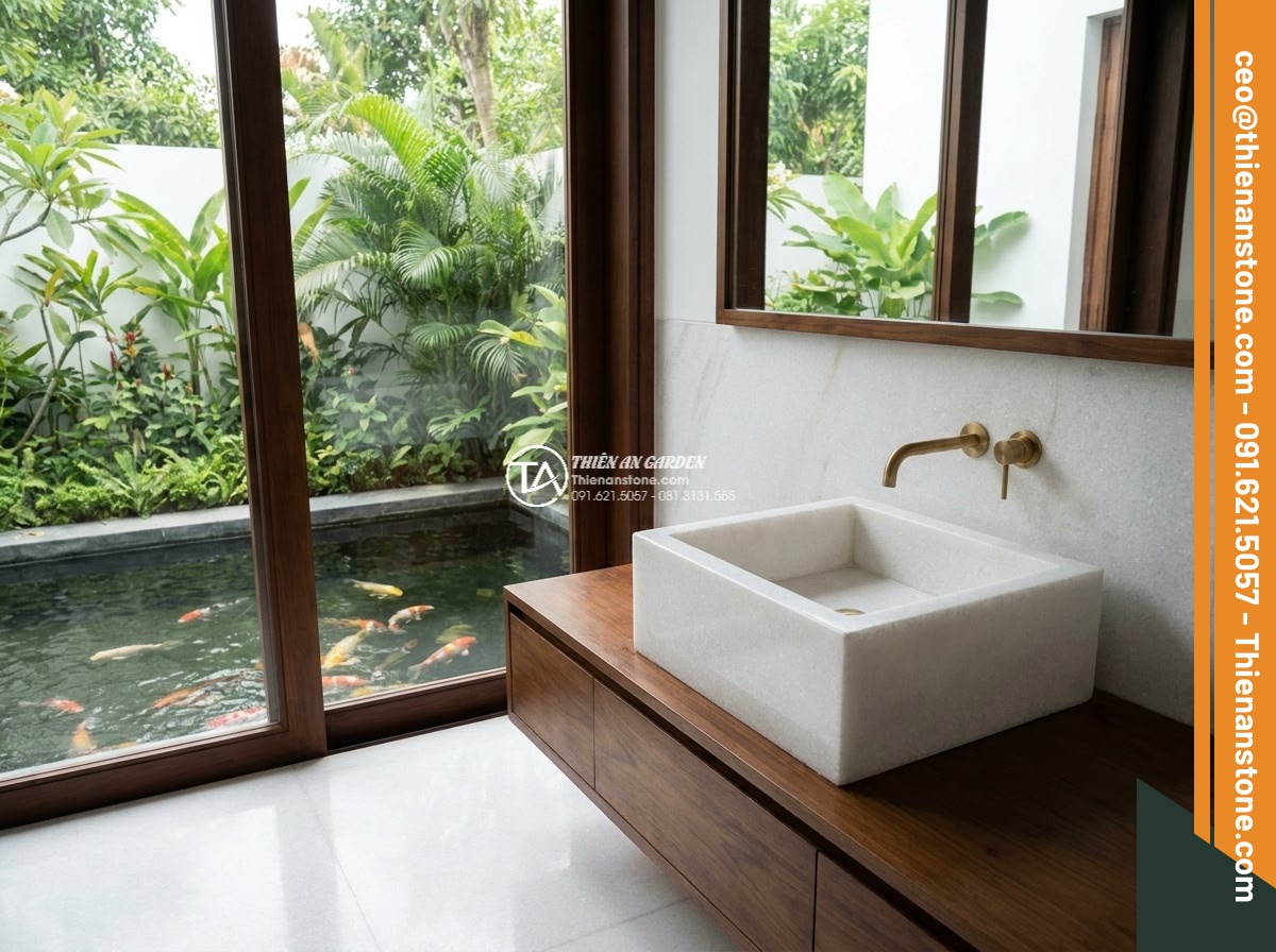 Lavabo đá trắng cẩm thạch vuông 42cm (420x420x150mm) - Hình 5 Lavabo đá trắng cẩm thạch vuông 42cm (420x420x150mm) - Interior cinematic view of a high-end master bathroom in a Vietnamese luxury vil