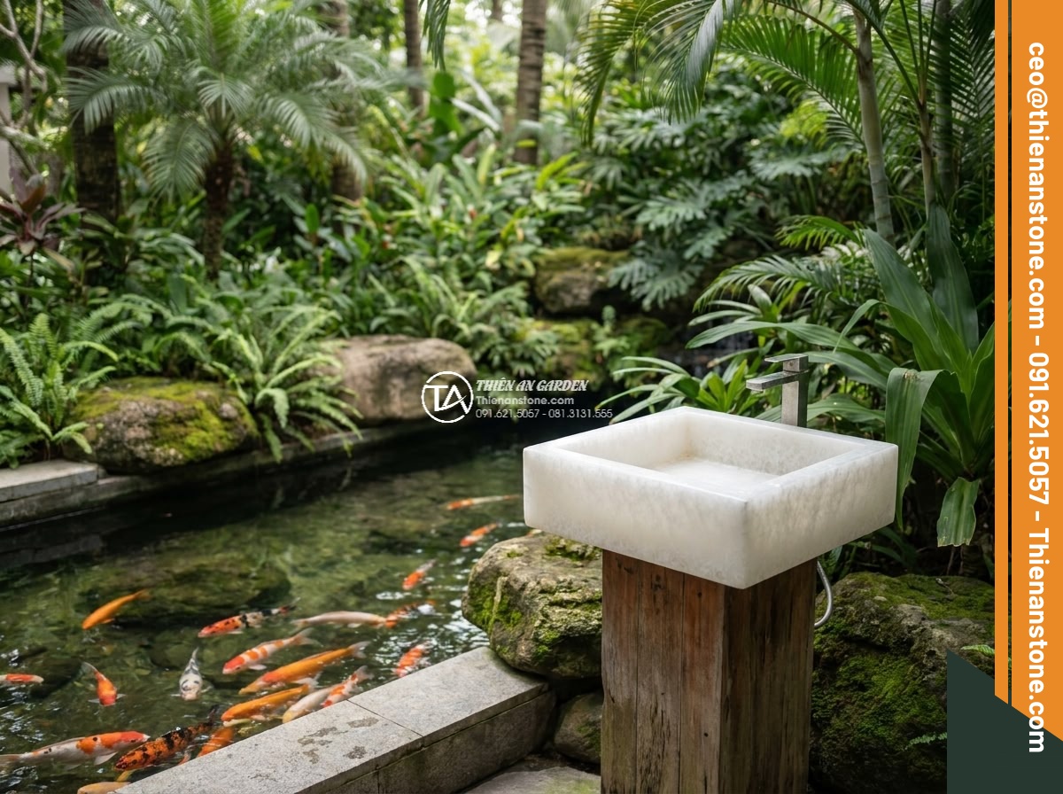 Lavabo đá trắng cẩm thạch vuông 42cm (420x420x150mm) - Hình 6 Lavabo đá trắng cẩm thạch vuông 42cm (420x420x150mm) - Serene outdoor garden scene at a luxury resort, square white marble lavabo sink