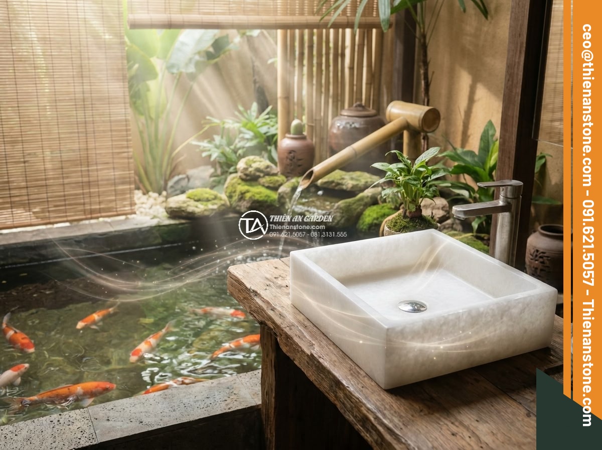 Lavabo đá trắng cẩm thạch vuông 42cm (420x420x150mm) - Hình 7 Lavabo đá trắng cẩm thạch vuông 42cm (420x420x150mm) - Artistic cinematic view of a square white marble lavabo 42cm in a beautifully de