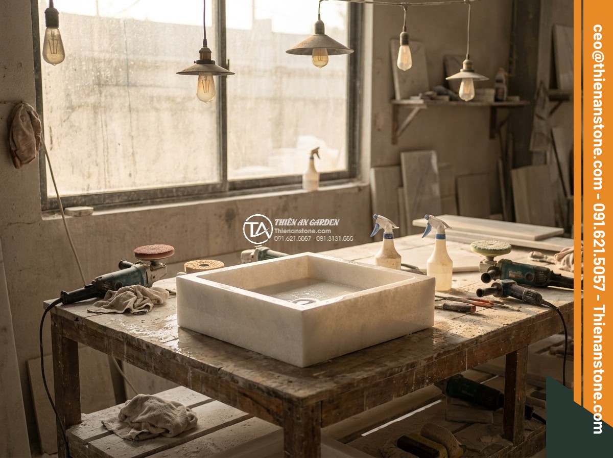 Lavabo đá trắng cẩm thạch vuông 42cm (420x420x150mm) - Hình 8 Lavabo đá trắng cẩm thạch vuông 42cm (420x420x150mm) - Behind-the-scenes cinematic shot of skilled artisans hand-finishing a square whi