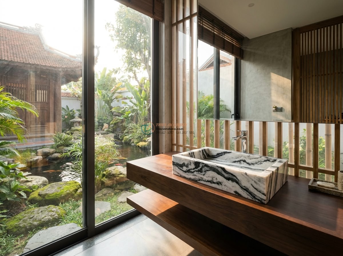 Lavabo đá tuyết sơn chữ nhật 42cm (420x350x140mm) - Wide cinematic shot of a luxurious modern villa bathroom with floor-to-ceiling w
