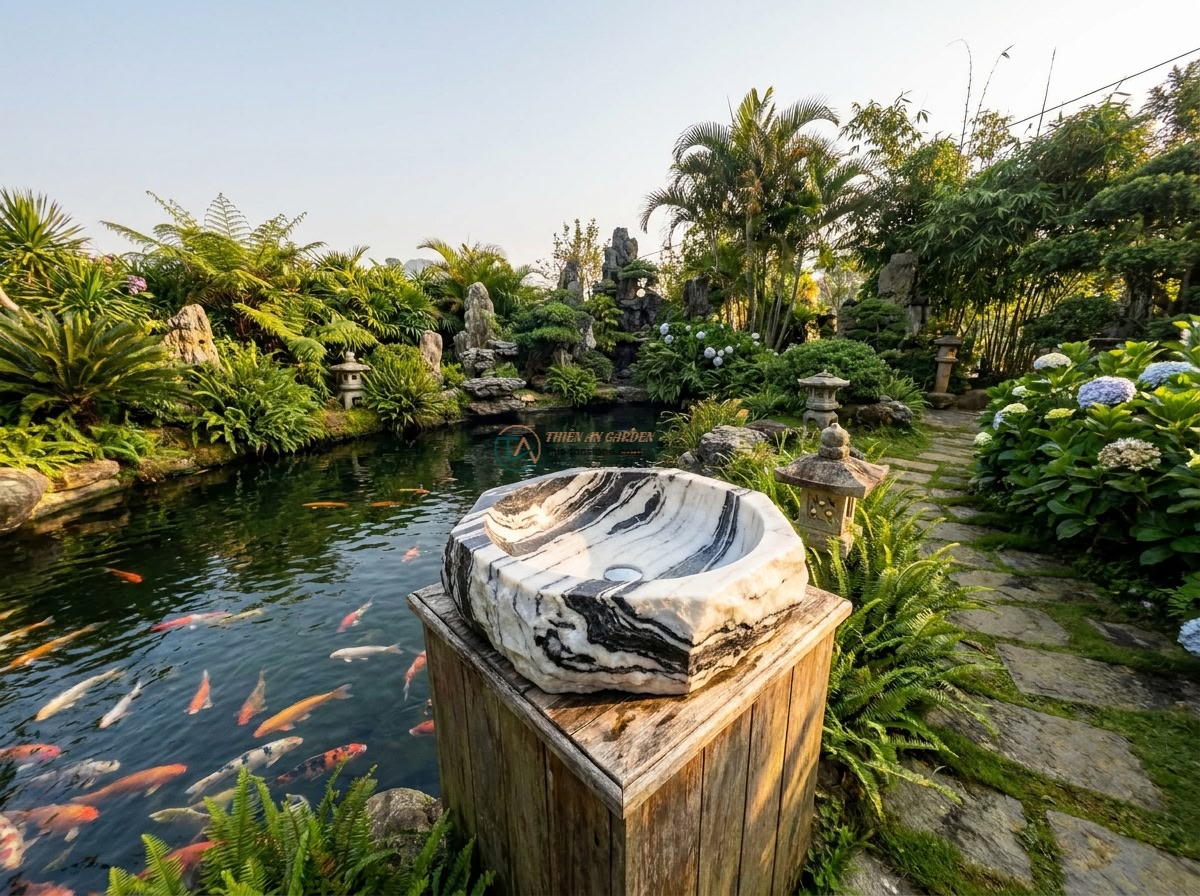 Lavabo đá tuyết sơn đa giác (400x400x150mm) - Wide angle view of a luxurious villa garden in Da Lat Vietnam featuring a polygo