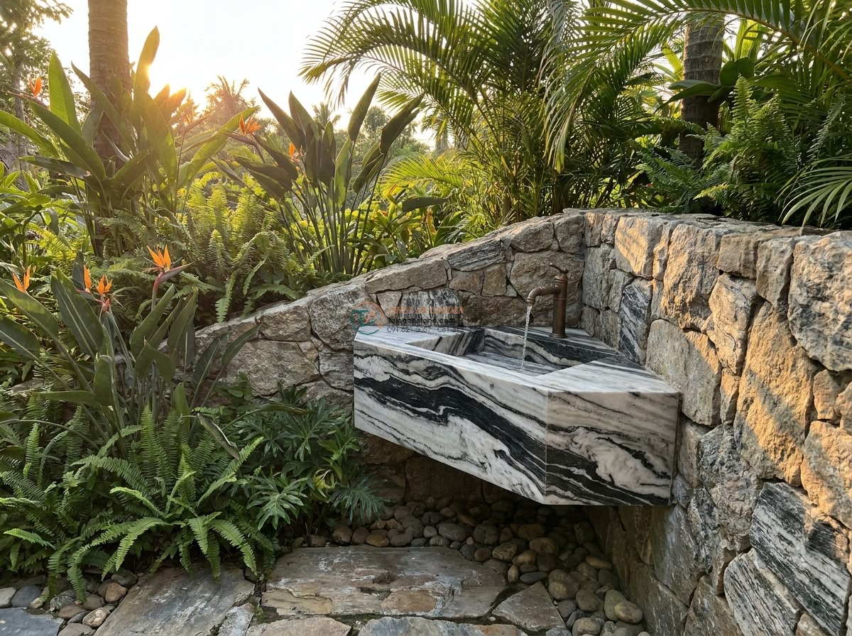 Lavabo đá tuyết sơn góc (400x400x150mm) - Cinematic wide shot of a luxurious modern Vietnamese garden corner at golden hou