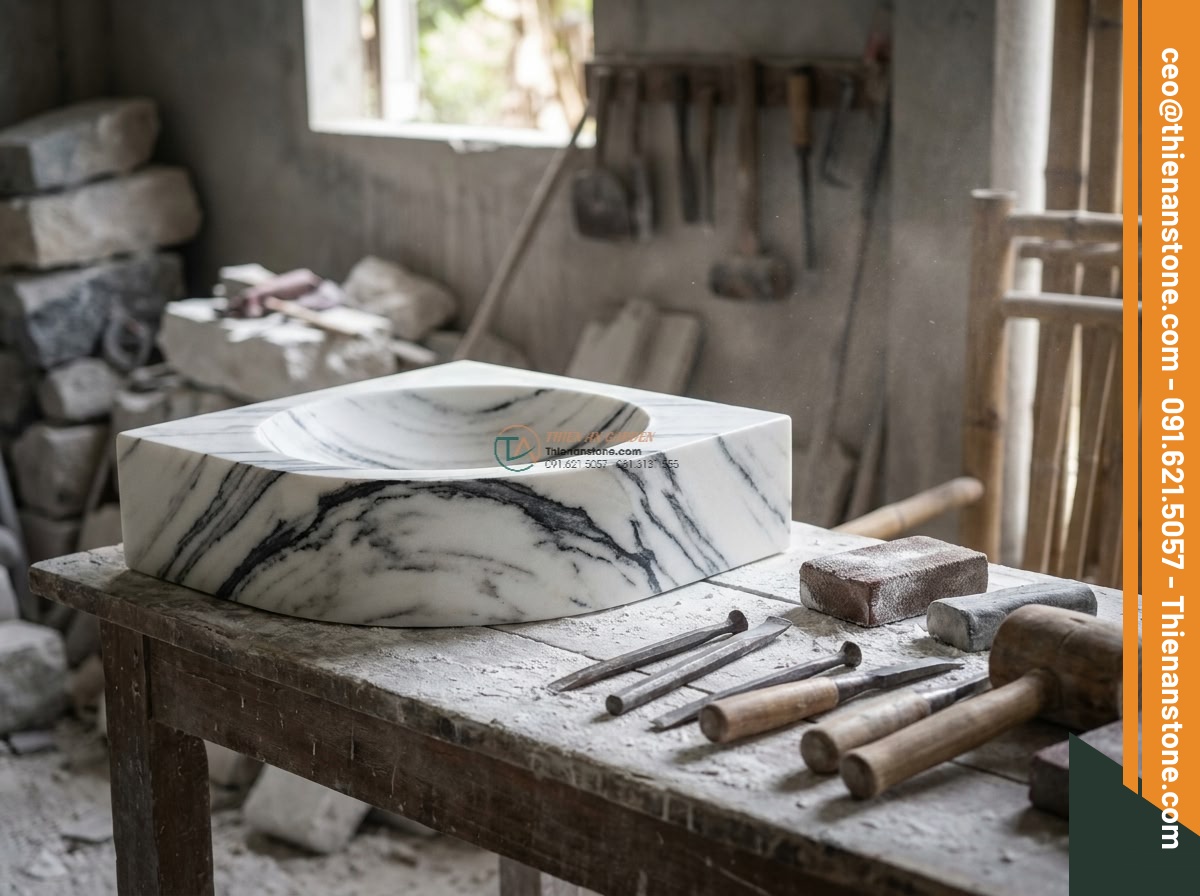 Lavabo đá tuyết sơn góc (400x400x150mm)