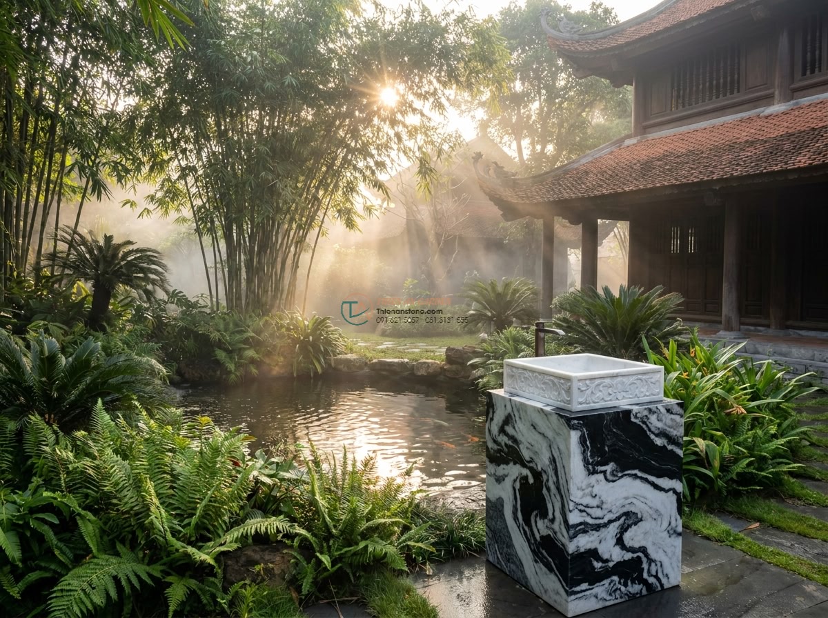 Lavabo đá tuyết sơn hình bông hoa (400x400x150mm) - Wide cinematic view of a luxurious Vietnamese villa garden at sunrise, featuring