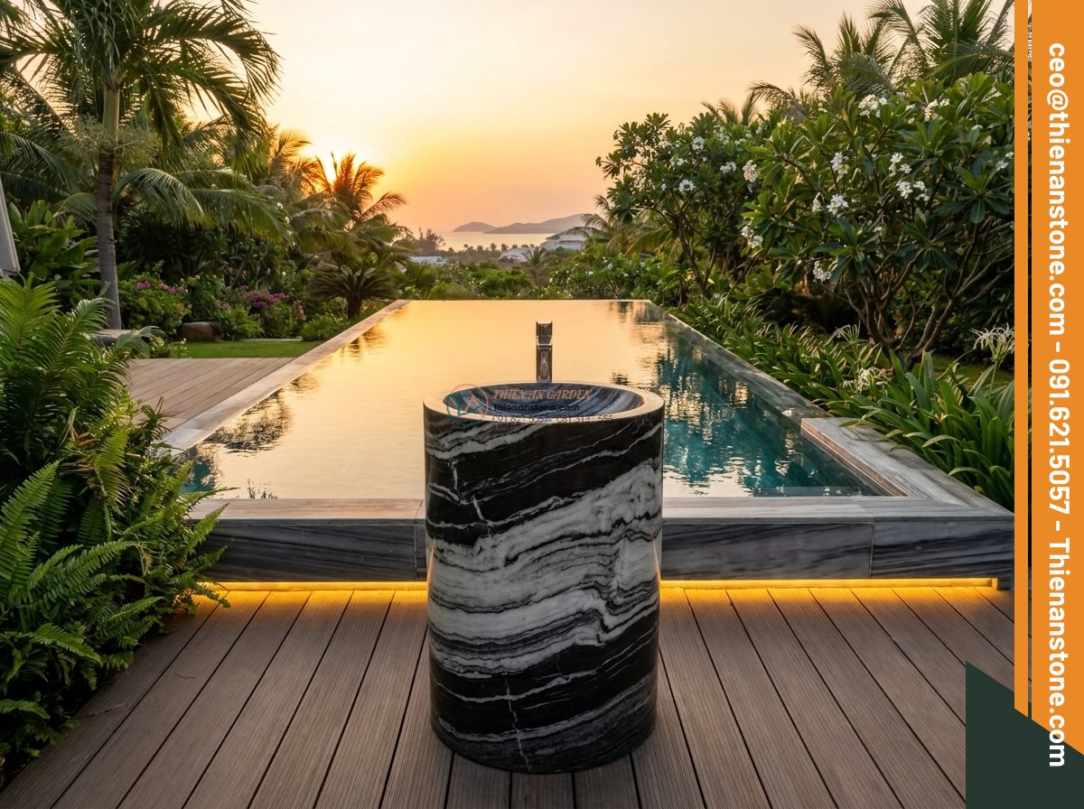 Lavabo đá tuyết sơn hình trụ nông cao 15cm (400x400x150mm)