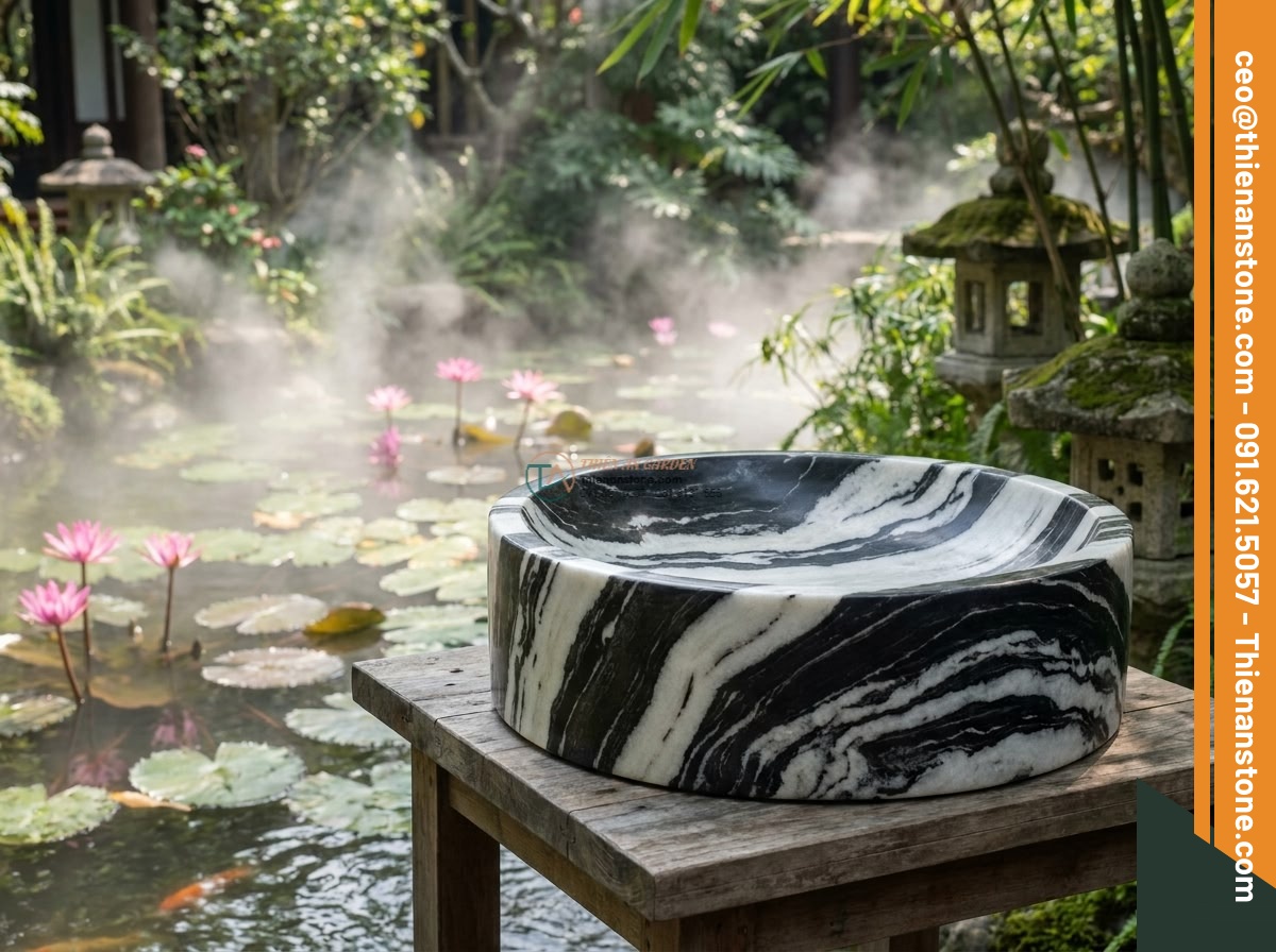 Lavabo đá tuyết sơn hình trụ nông cao 15cm (400x400x150mm)