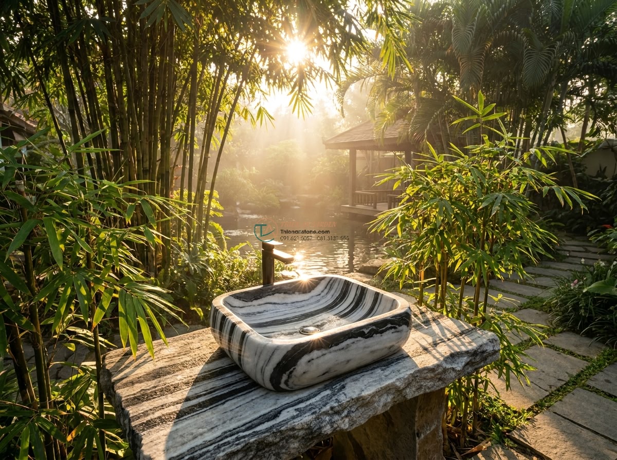 Lavabo đá tuyết sơn hình vuông bo cạnh 42cm (420x420x150mm) - Wide angle cinematic view of a luxurious outdoor garden in a Vietnamese villa at
