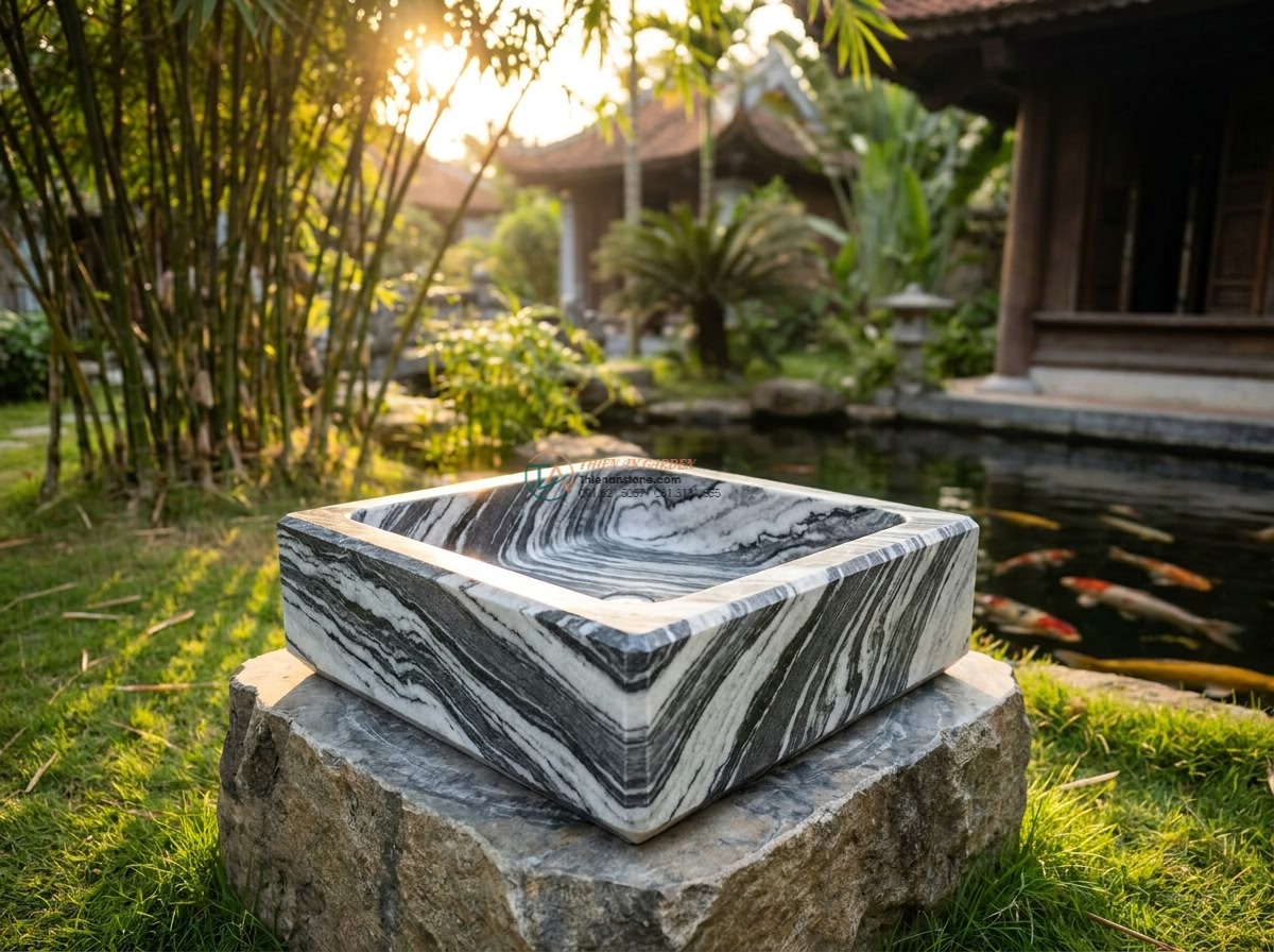 Lavabo đá tuyết sơn hình vuông vát cạnh (400x400x150mm) - Cinematic wide angle shot of a luxurious Vietnamese villa garden at golden hour,