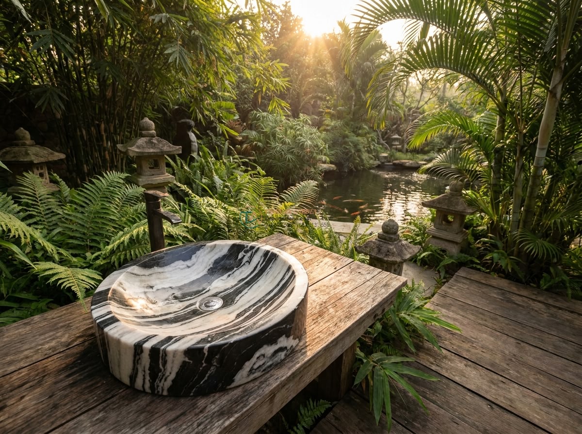 Lavabo đá tuyết sơn tròn 42cm (420x420x150mm) - Cinematic wide shot of a round 42cm snow stone natural marble lavabo sink 420x42