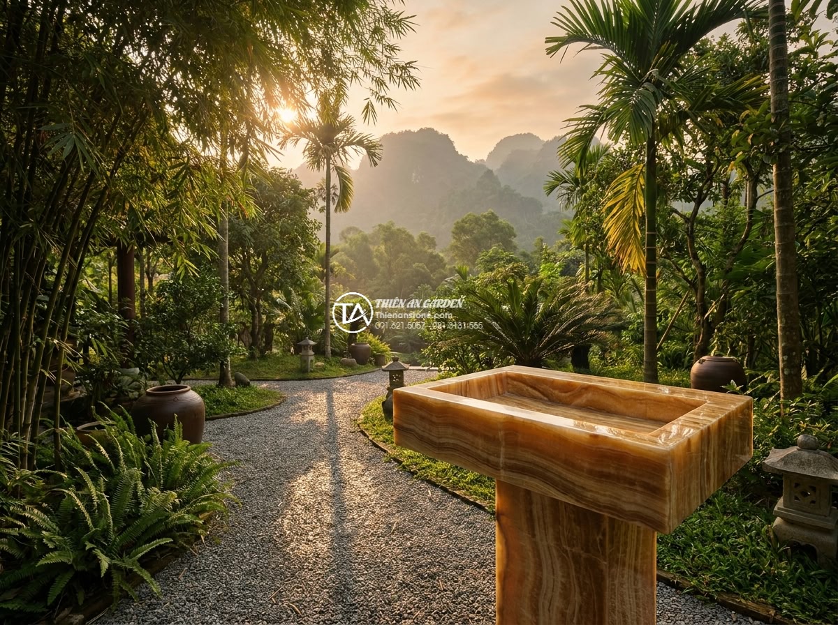 Lavabo đá vân gỗ chữ nhật 42cm (420x350x140mm) - Wide angle cinematic view of a luxurious outdoor garden in a Vietnamese villa at