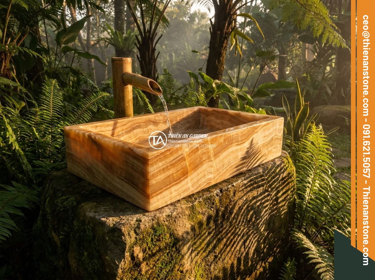Lavabo đá vân gỗ chữ nhật 42cm (420x350x140mm) - Hình 5 Lavabo đá vân gỗ chữ nhật 42cm (420x350x140mm) - Golden hour cinematic scene of the rectangular 42cm wood grain stone lavabo in a