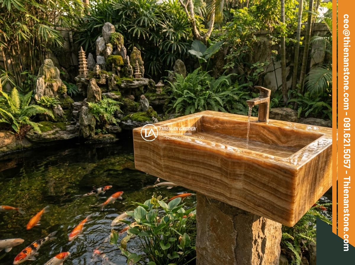 Lavabo đá vân gỗ chữ nhật 42cm (420x350x140mm) - Hình 9 Lavabo đá vân gỗ chữ nhật 42cm (420x350x140mm) - Harmonious garden composition featuring the rectangular 42cm wood grain stone la