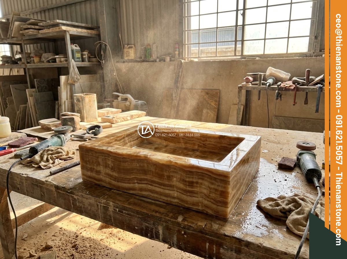 Lavabo đá vân gỗ đa giác (400x400x150mm)