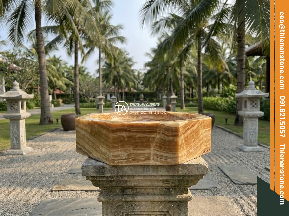 Lavabo đá vân gỗ đa giác (400x400x150mm)
