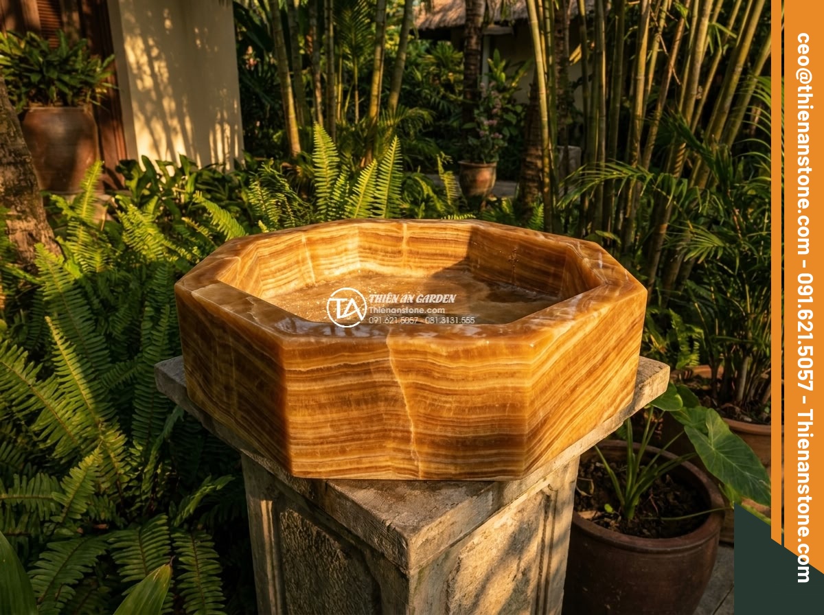 Lavabo đá vân gỗ đa giác (400x400x150mm)