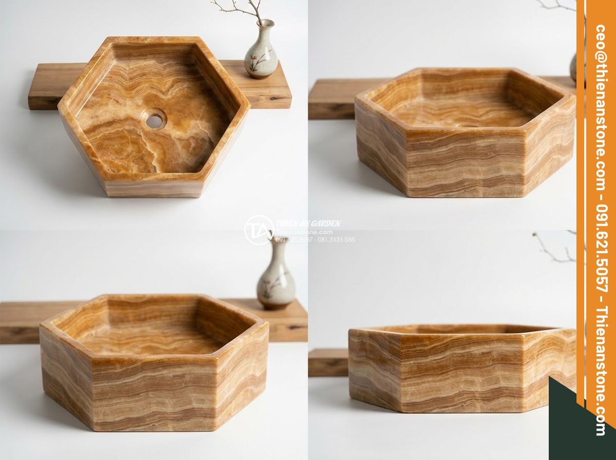 Lavabo đá vân gỗ đa giác (400x400x150mm)