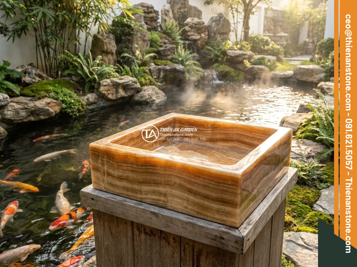 Lavabo đá vân gỗ đa giác (400x400x150mm)