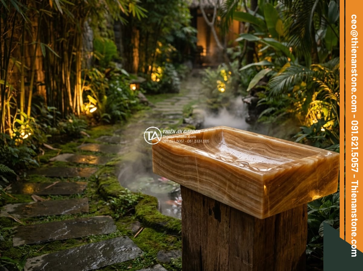 Lavabo đá vân gỗ đa giác (400x400x150mm)