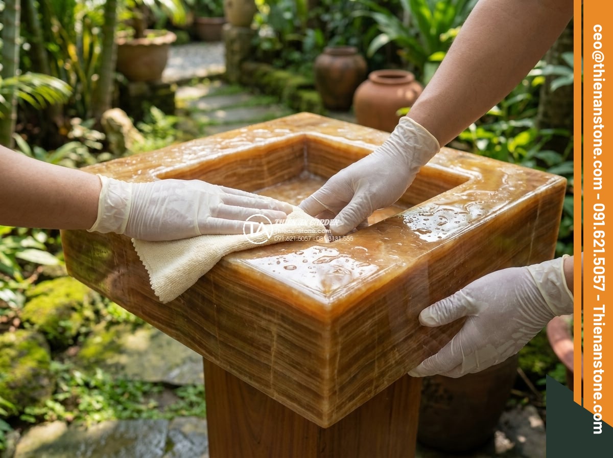 Lavabo đá vân gỗ góc (400x400x150mm)