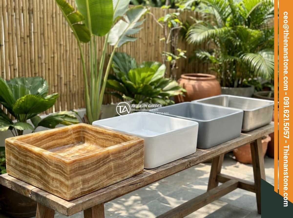 Lavabo đá vân gỗ góc (400x400x150mm)