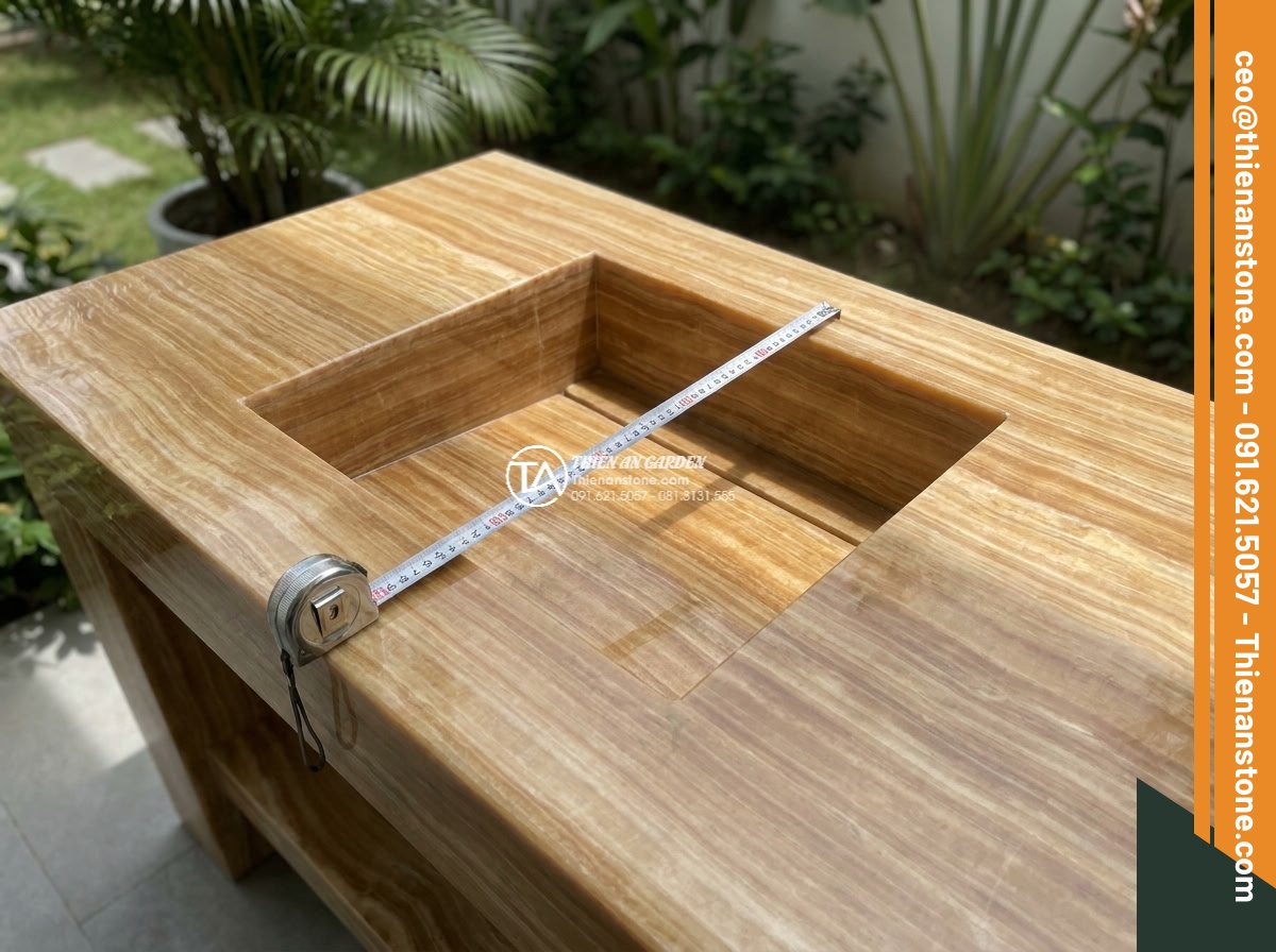Lavabo đá vân gỗ hình vuông bo cạnh 42cm (420x420x150mm) - Hình 6 Lavabo đá vân gỗ hình vuông bo cạnh 42cm (420x420x150mm) - Technical yet artistic top-down view of perfectly proportioned 420x420x150mm squ
