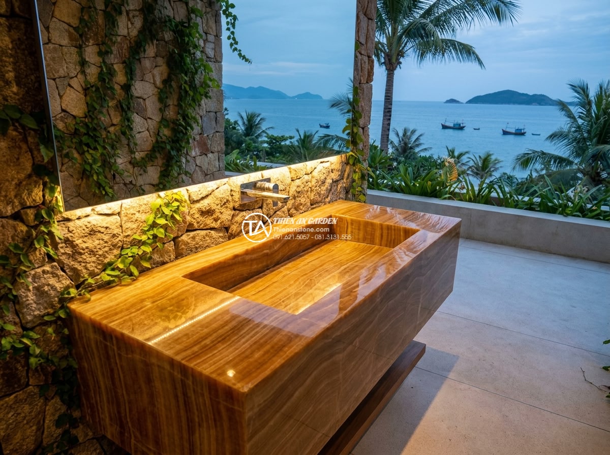Lavabo đá vân gỗ hình vuông vát cạnh (400x400x150mm) - Hình 13 Lavabo đá vân gỗ hình vuông vát cạnh (400x400x150mm) - Luxurious modern villa exterior at dusk with the square 400x400x150mm wooden vei