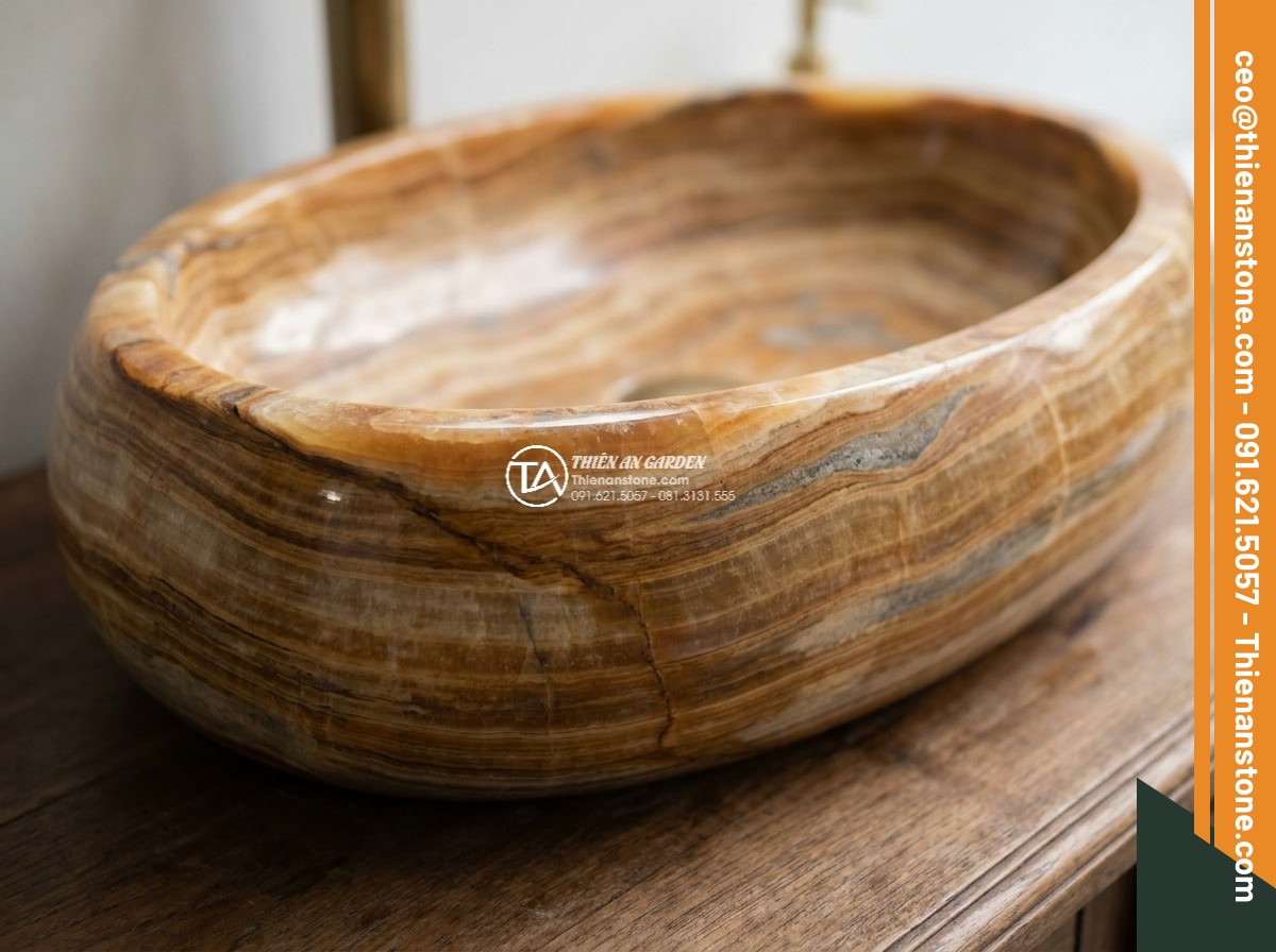 Lavabo đá vân gỗ Oval dài 48cm (480x380x150mm) - Hình 3 Lavabo đá vân gỗ Oval dài 48cm (480x380x150mm) - Macro detailed view of natural wood grain veins on an oval stone sink surface 48
