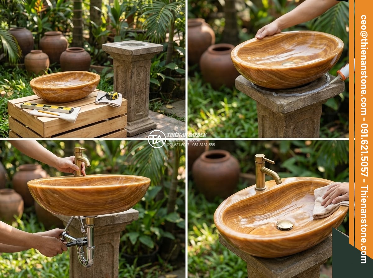 Lavabo đá vân gỗ Oval dài 48cm (480x380x150mm) - Hình 9 Lavabo đá vân gỗ Oval dài 48cm (480x380x150mm) - Step by step installation guide visual of oval wooden grain stone sink 480x380x1