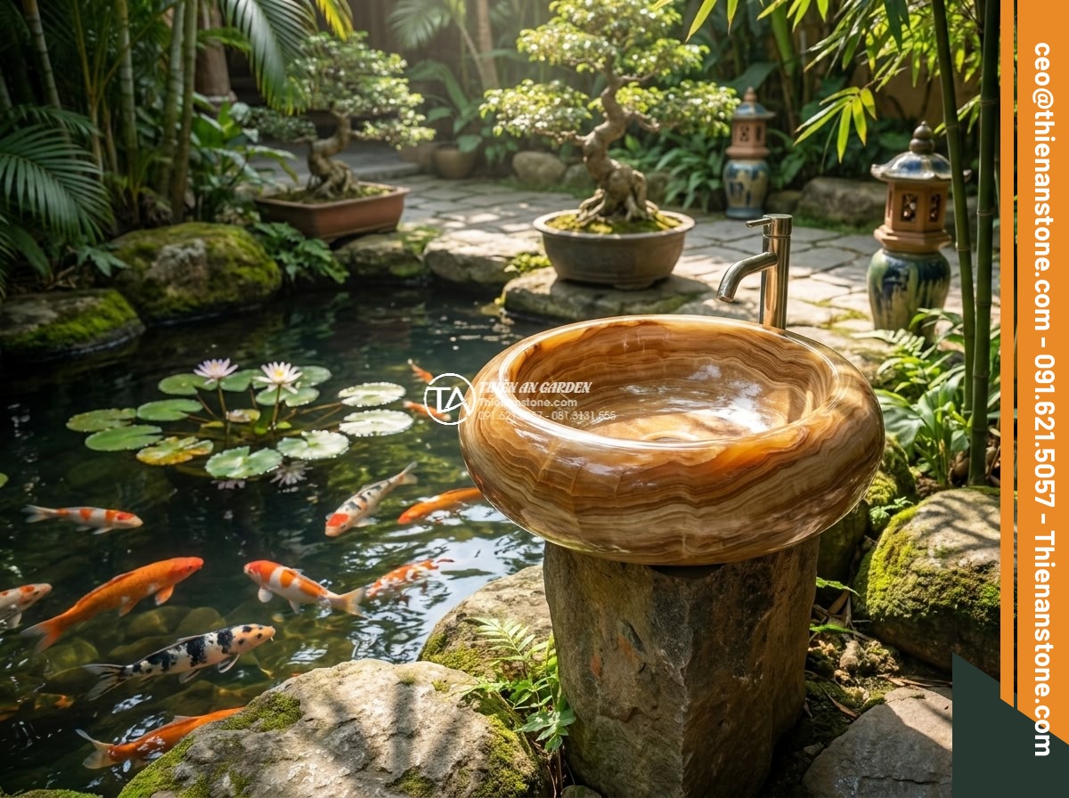 Lavabo đá vân gỗ tròn 42cm (420x420x150mm) - Hình 7 Lavabo đá vân gỗ tròn 42cm (420x420x150mm) - Beautiful composition of a 42cm round wood grain stone sink installed next to a