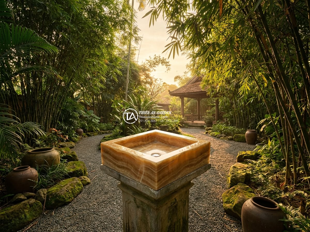 Lavabo đá vân gỗ vuông 42cm (420x420x150mm) - Photorealistic wide-angle view of a luxurious garden at golden hour, featuring a