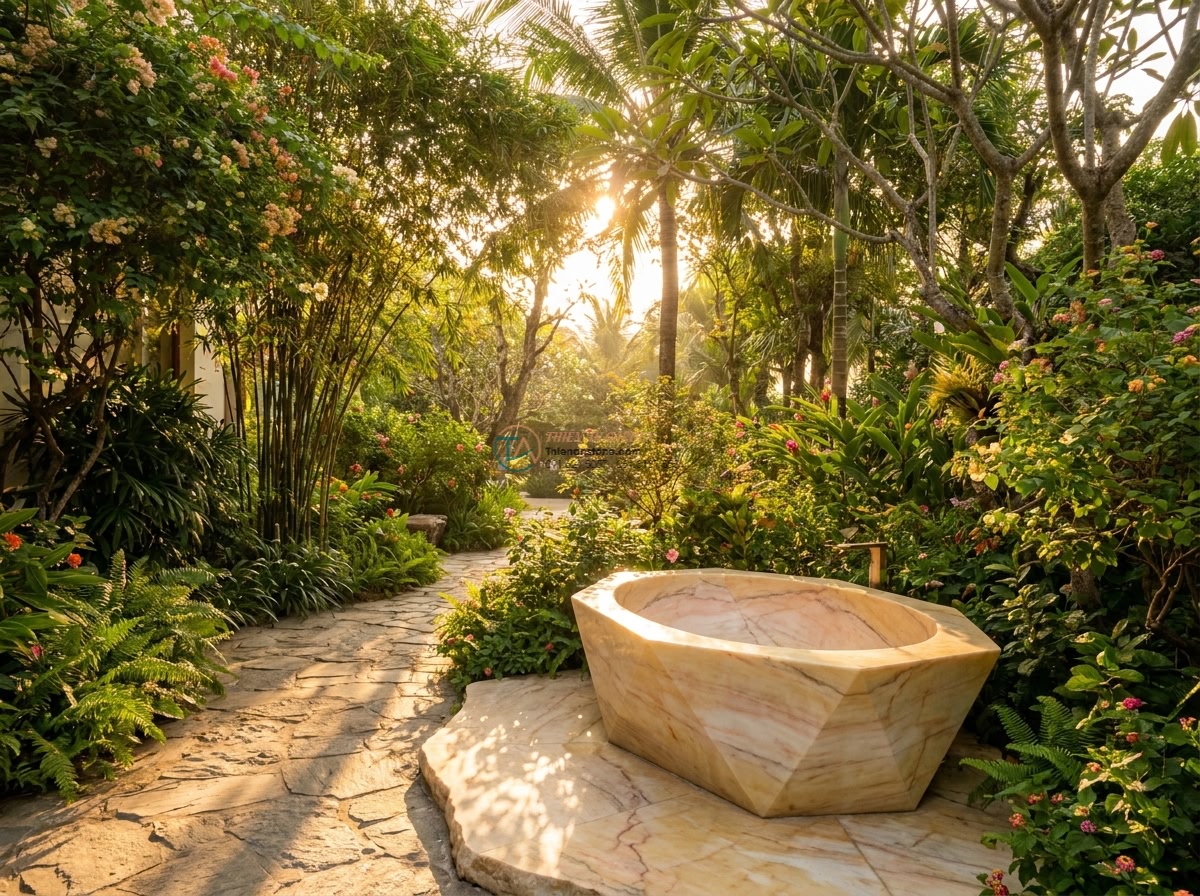 Lavabo đá vàng cà rốt đa giác (400x400x150mm) - Wide cinematic shot from the entrance of a luxury Vietnamese villa garden at gol