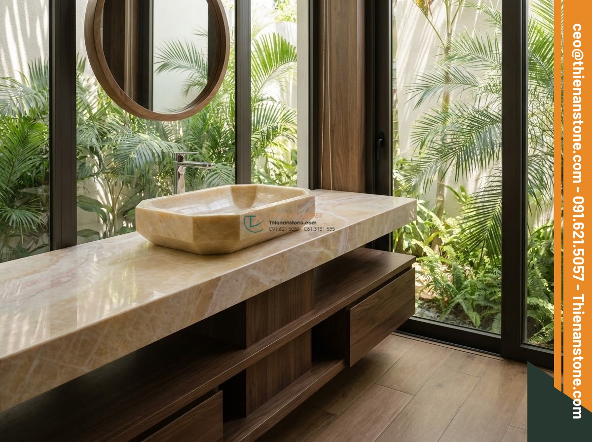 Lavabo đá vàng cà rốt đa giác (400x400x150mm) - Hình 6 Lavabo đá vàng cà rốt đa giác (400x400x150mm) - Modern luxury bathroom or garden vanity area featuring the 400x400x150mm polygon