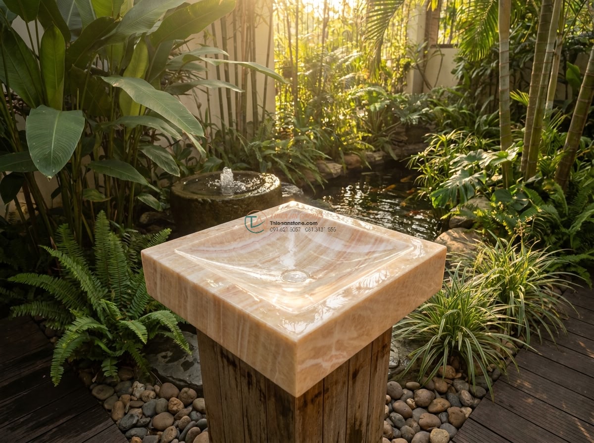 Lavabo đá vàng cà rốt góc (400x400x150mm) - Wide angle realistic photograph of a luxurious corner lavabo sink made from prem