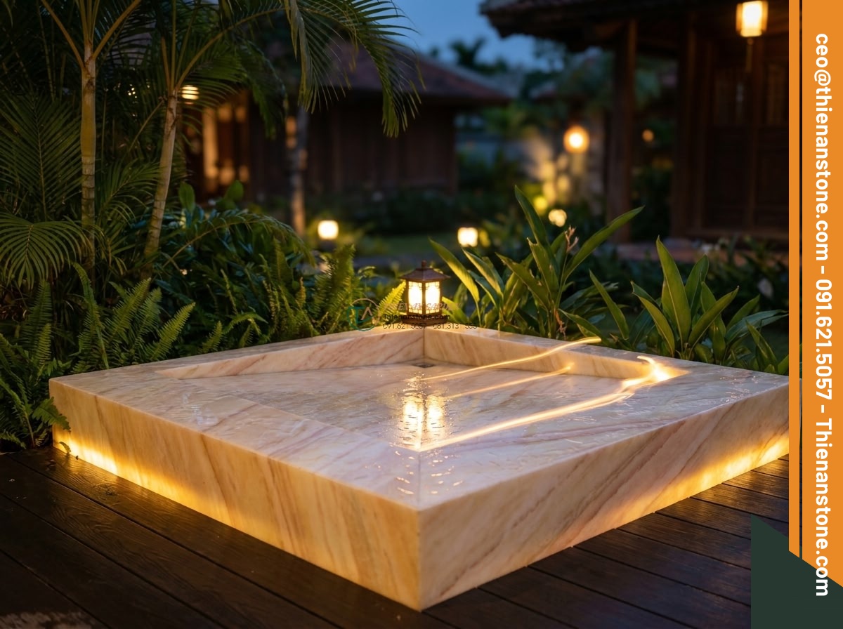 Lavabo đá vàng cà rốt góc (400x400x150mm) - Hình 4 Lavabo đá vàng cà rốt góc (400x400x150mm) - Cinematic evening photograph of a carrot yellow natural stone corner lavabo 400x