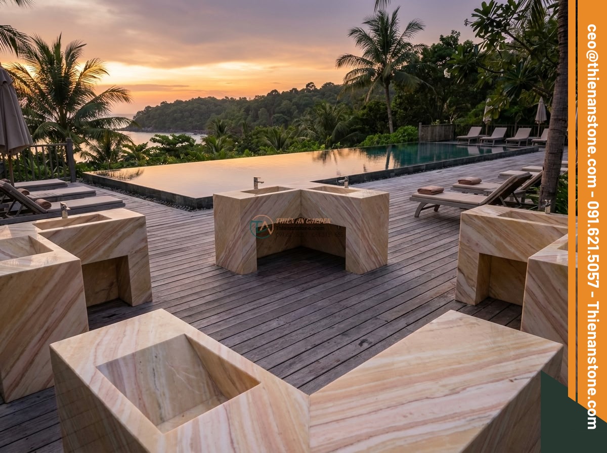 Lavabo đá vàng cà rốt góc (400x400x150mm) - Hình 7 Lavabo đá vàng cà rốt góc (400x400x150mm) - Luxury resort outdoor spa area featuring multiple 400x400x150mm carrot yellow na