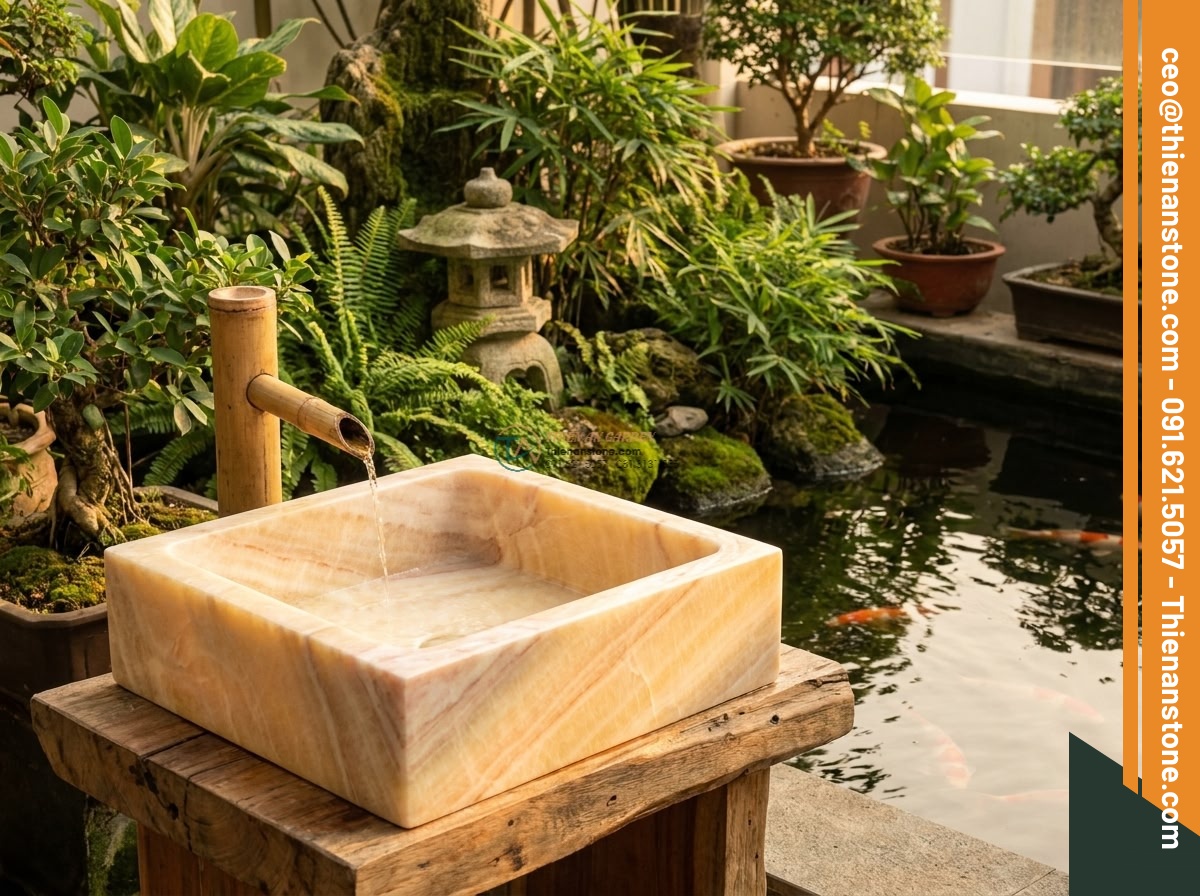 Lavabo đá vàng cà rốt góc (400x400x150mm) - Hình 8 Lavabo đá vàng cà rốt góc (400x400x150mm) - Artistic realistic photograph emphasizing feng shui elements with a 400x400x150m