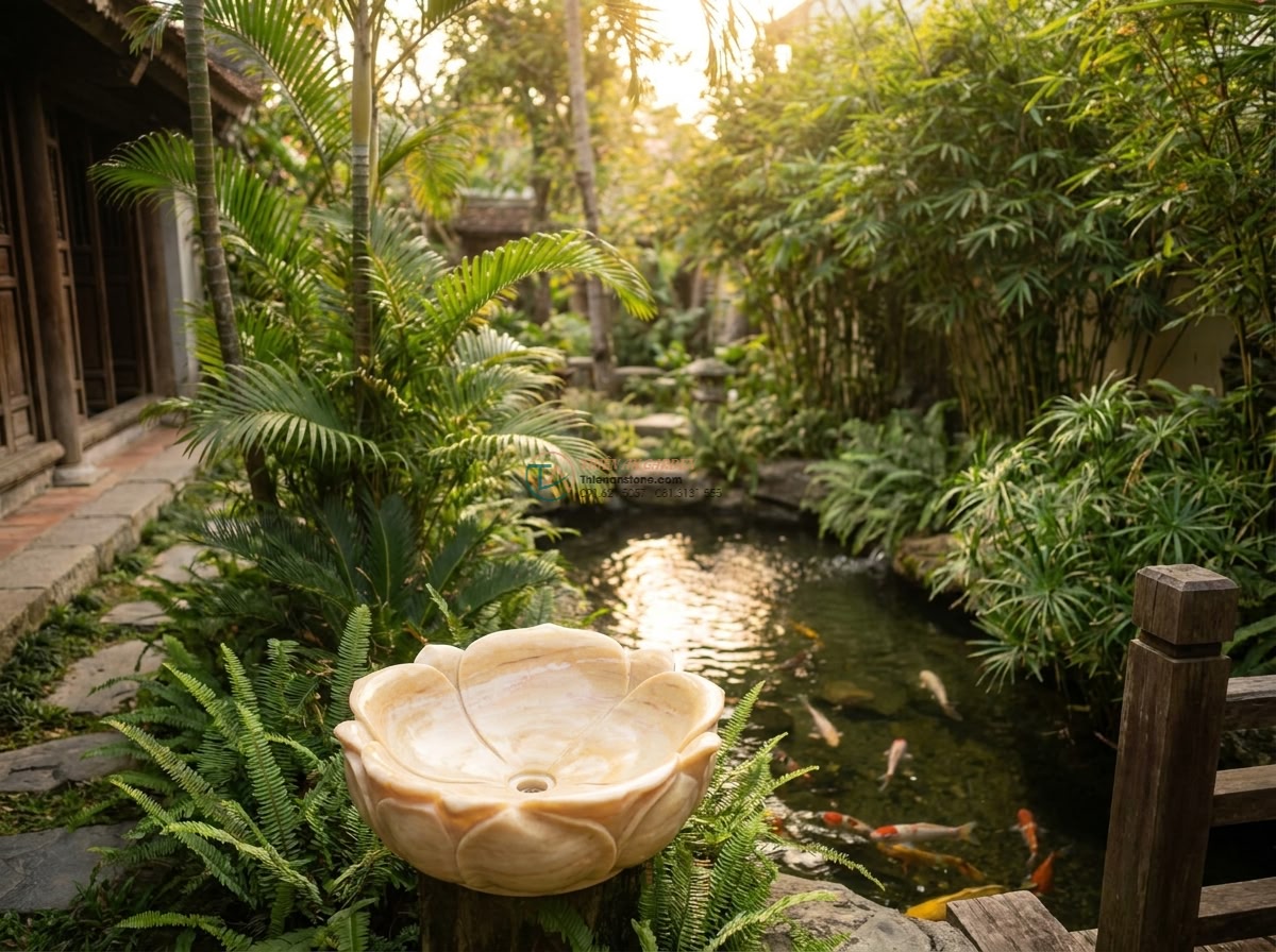 Lavabo đá vàng cà rốt hình bông hoa (400x400x150mm) - Wide cinematic shot of a luxurious Vietnamese garden at golden hour, featuring a