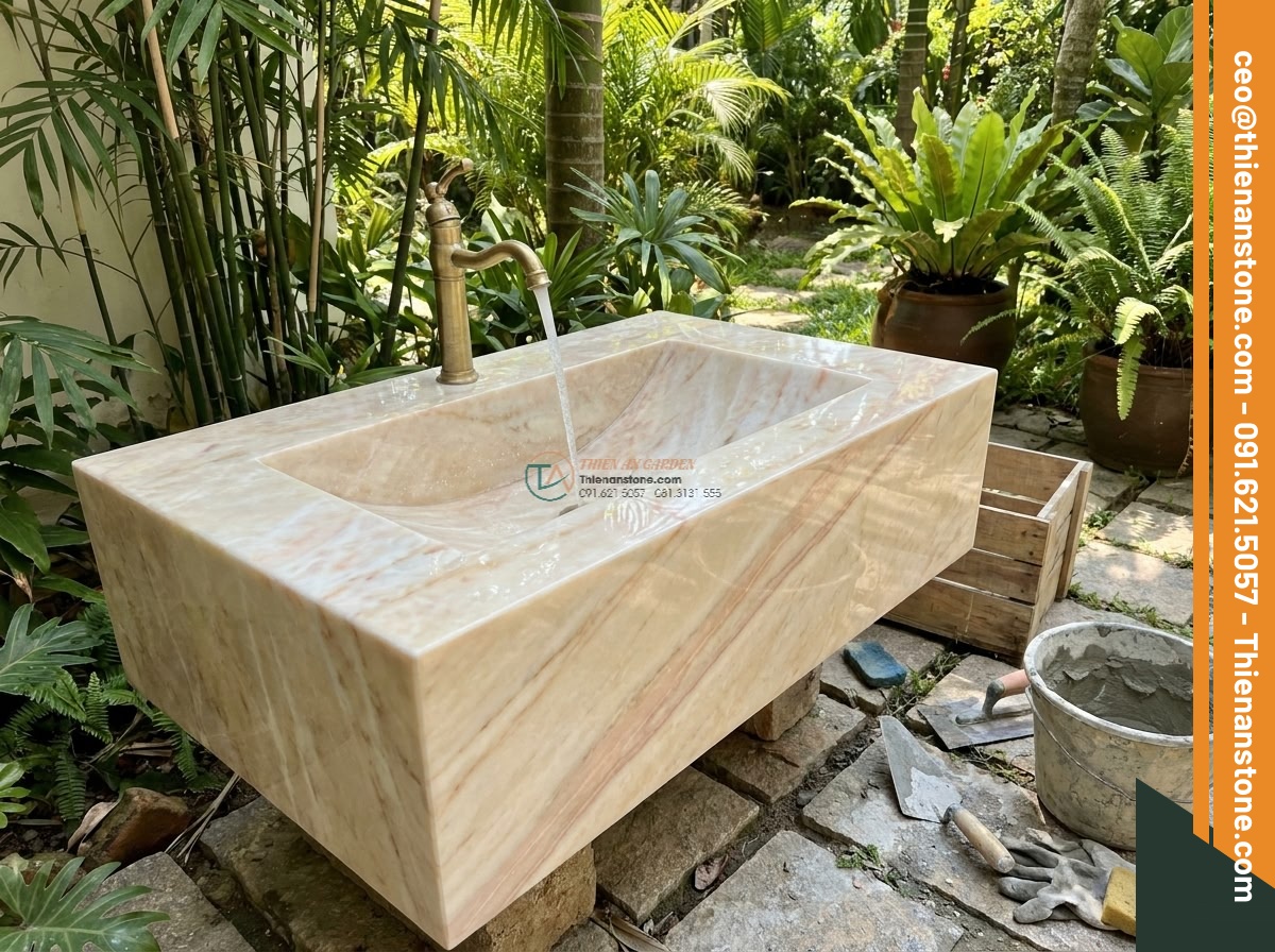 Lavabo đá vàng cà rốt hình bông hoa (400x400x150mm) - Hình 15 Lavabo đá vàng cà rốt hình bông hoa (400x400x150mm) - Professional installation team carefully placing the yellow carrot stone flower