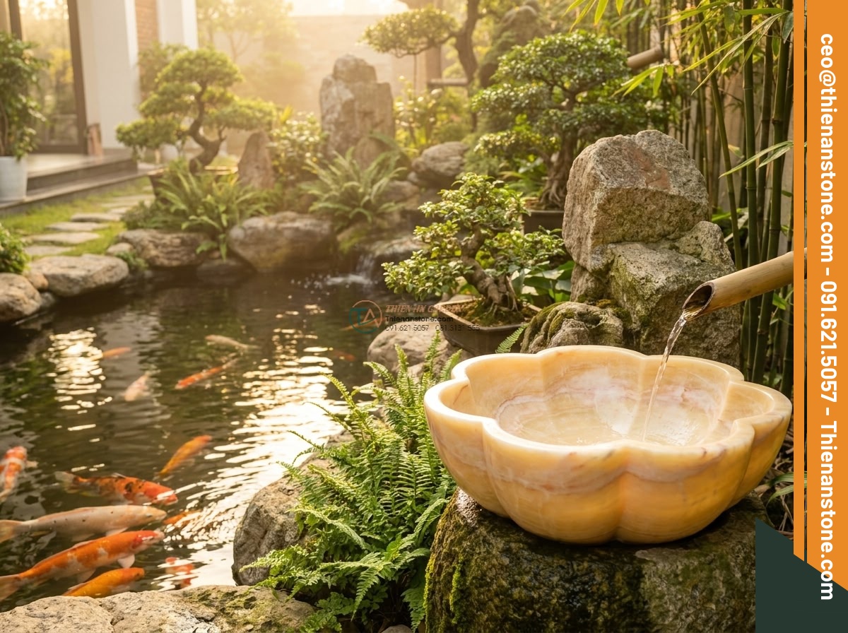 Lavabo đá vàng cà rốt hình bông hoa (400x400x150mm) - Hình 9 Lavabo đá vàng cà rốt hình bông hoa (400x400x150mm) - Serene garden scene with the flower-shaped yellow carrot stone lavabo positioned